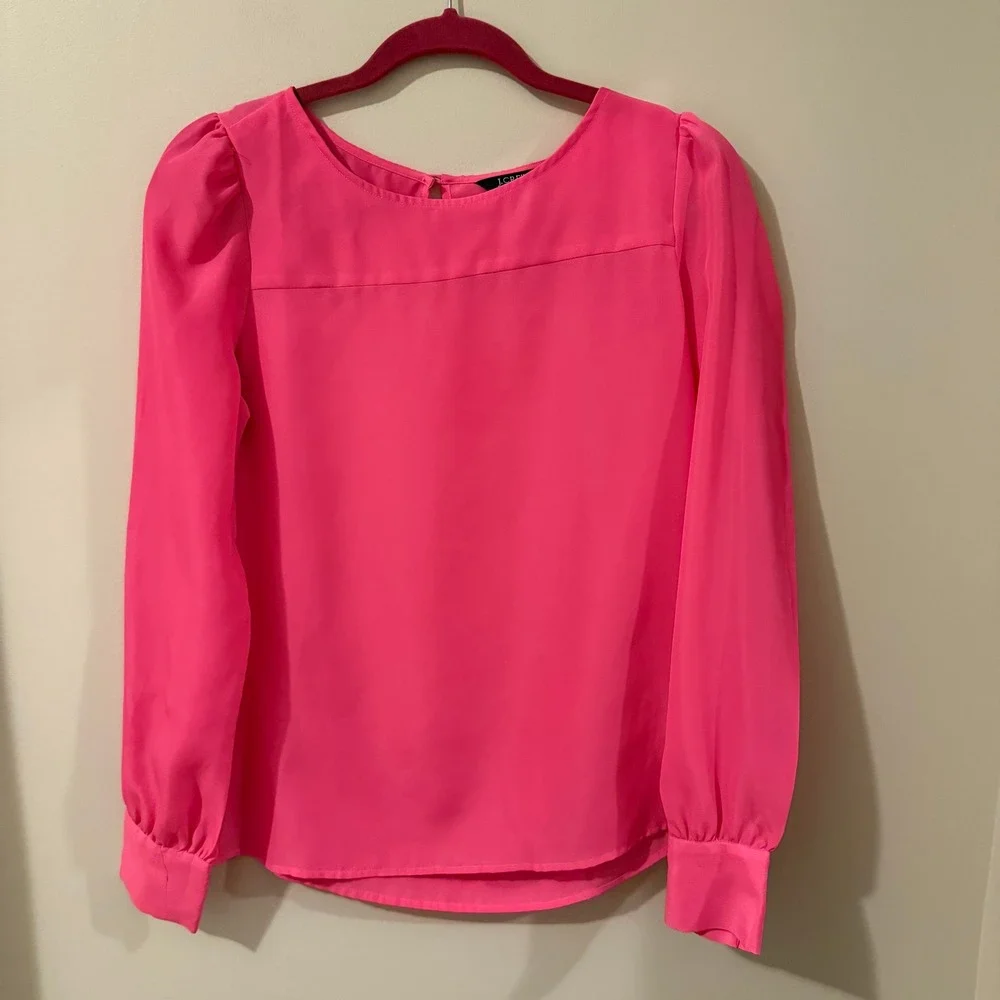 J. Crew Bright Pink Puff Sleeve Keyhole Back Blouse Womens Size S